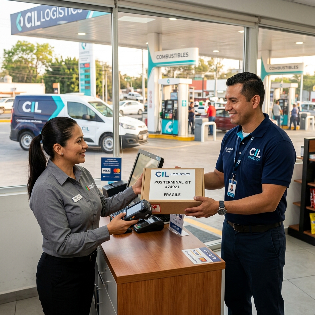 Entrega de terminal de cobro en mostrador de estación de gasolina en México