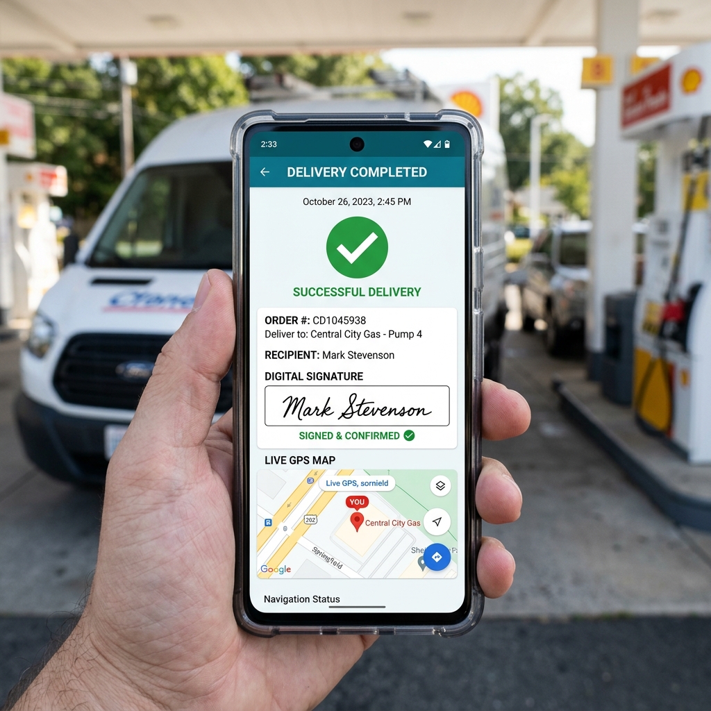 Comprobante digital de entrega con firma, foto y ubicación en aplicación móvil