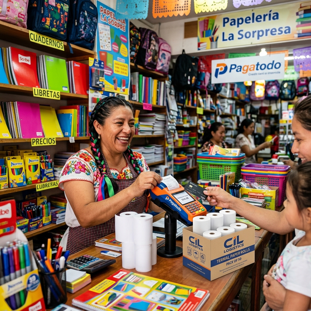 Papelería con publicidad de mostrador y terminal activa