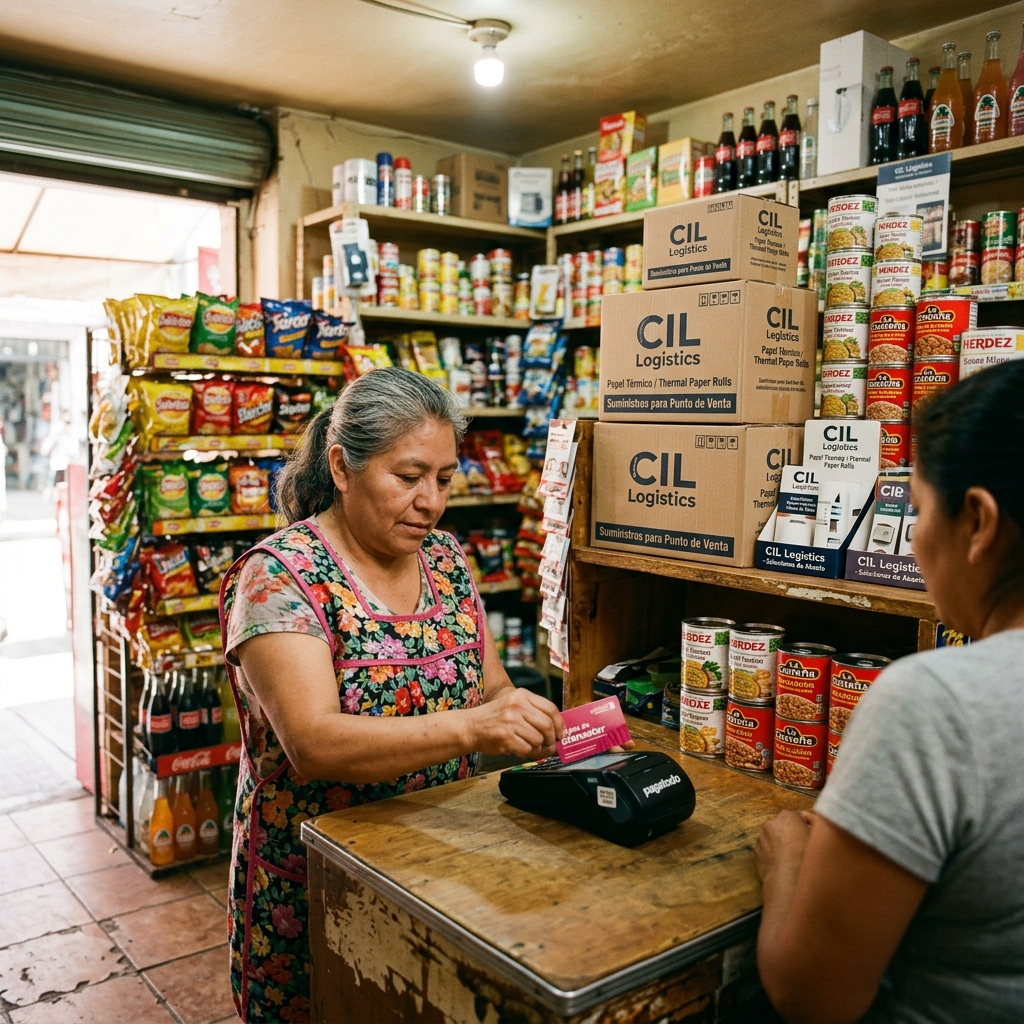Tienda de abarrotes procesando transacciones con terminal de cobro